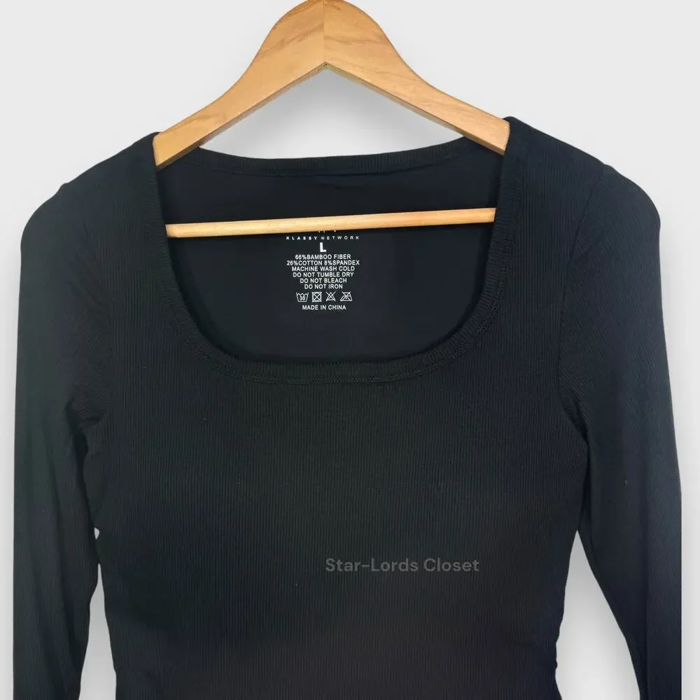 Klassy Network Brami Top L Black Ribbed Bamboo Long Sleeve Scoop Neck Minimalist